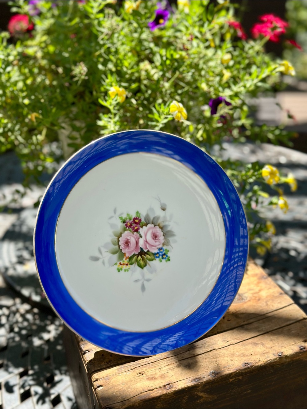 Vintage Occupied Japan Hand Painted Cobalt Blue 10 inch Floral Plate